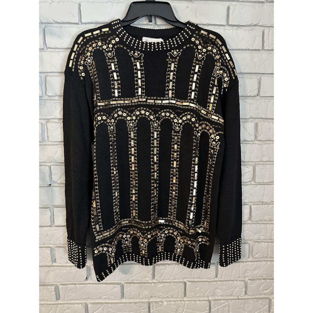 Eminent Sweater Womens Medium Black Gold Beaded Sequin Pullover Retro